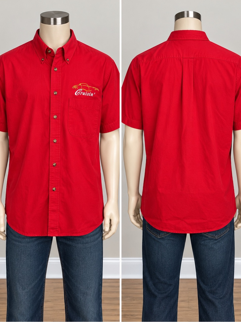 Vintage Jonathan Corey Cruisin’ Shirt XL Red Embroidered Car 90s Button Down